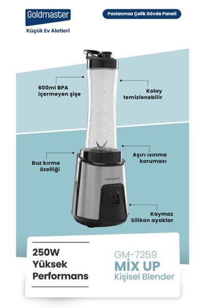 GOLDMASTERGoldmaster Mix Up Buz Kırma Özellikli Paslanmaz Çelik Bıçaklı Kişisel Smoothie Blender Gm-7259